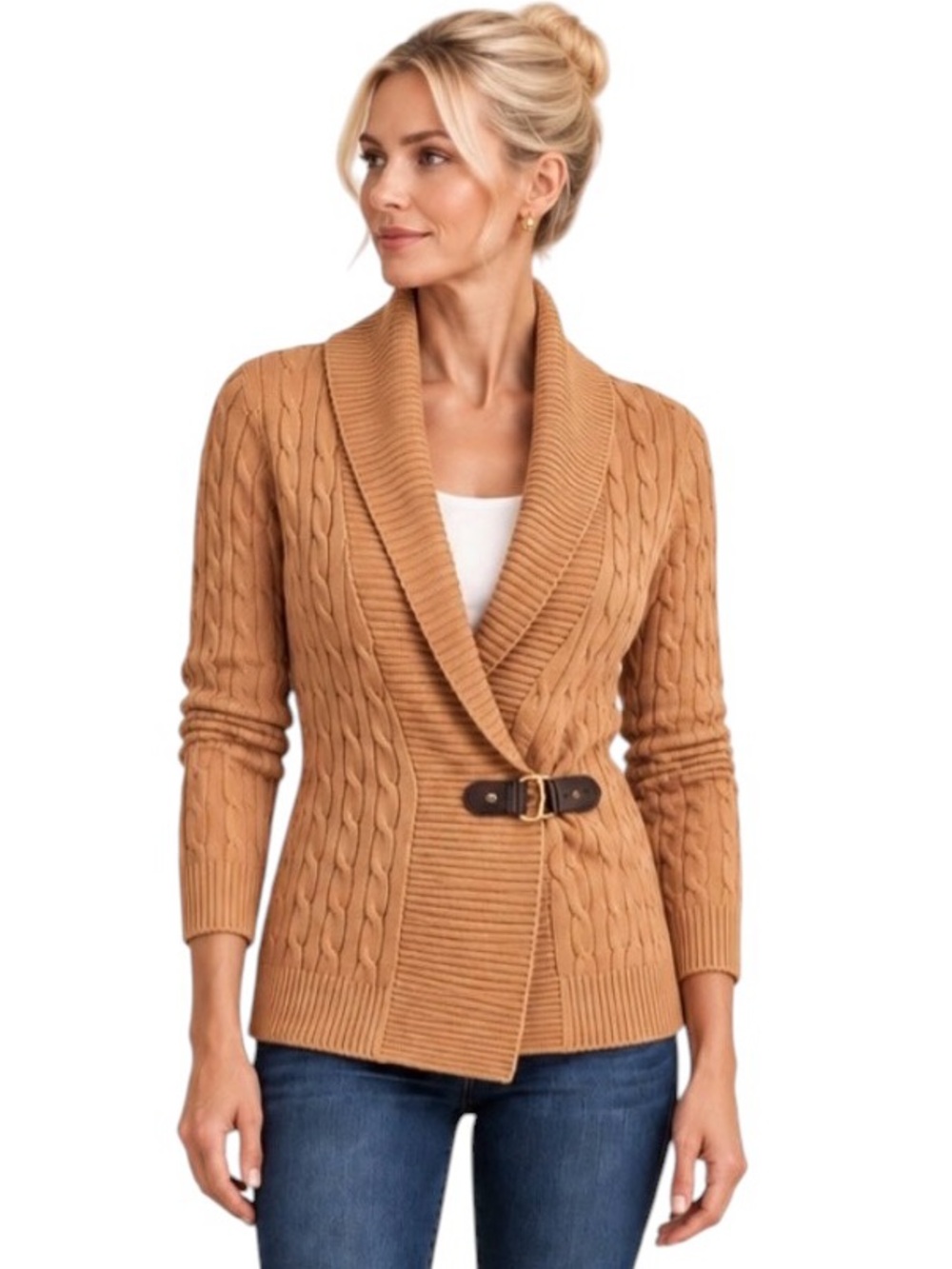 LAUREN RALPH LAUREN Cable Knit Cotton Belted Cardigan Sweater Women’s Size Large